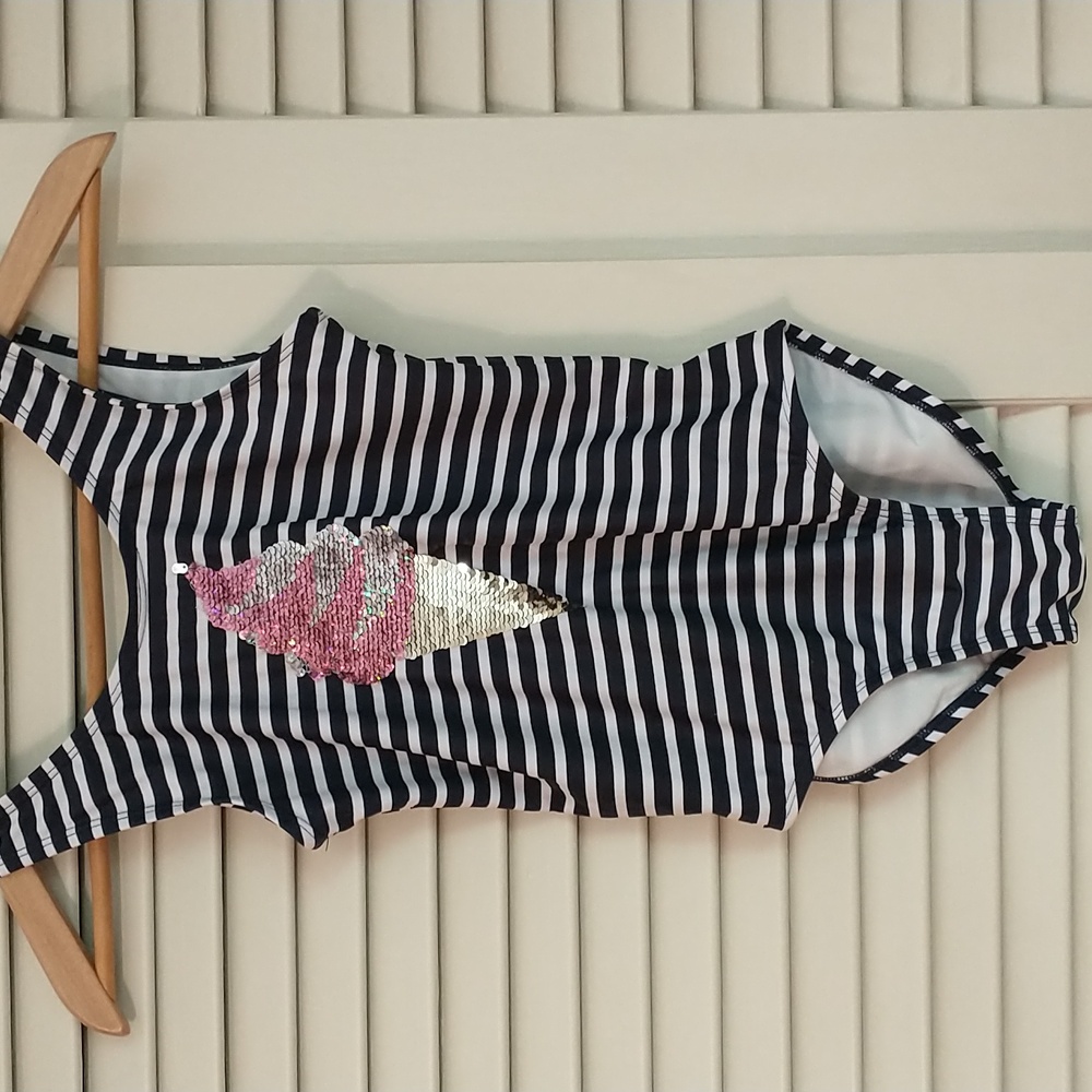 Kids Gap Nautical Stripe One Piece Swimsuit, Sequin Ice Cream Cone, Size Large